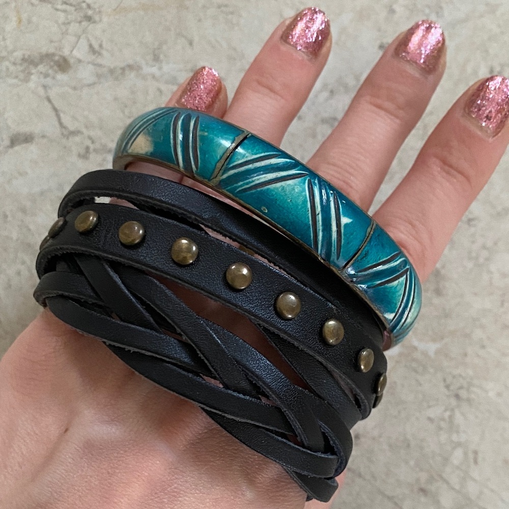 Lot of 2 Bracelets - Faux Leather Studded & Turquoise Bangle